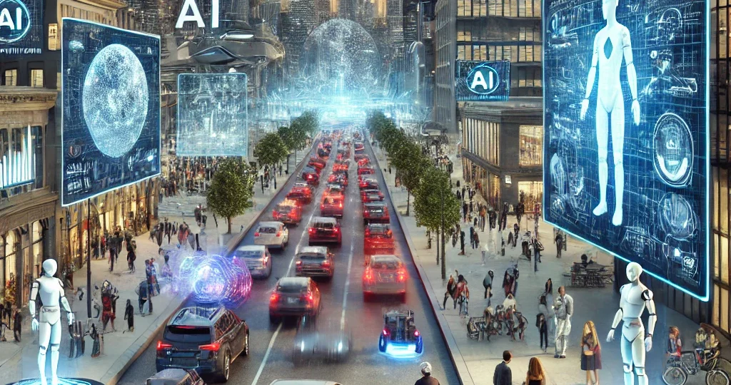 DALL·E 2024-10-11 12.44.12 - A realistic image depicting the future impact of AI between 2024-2030. The scene includes a modern cityscape with elements of AI integration, such as