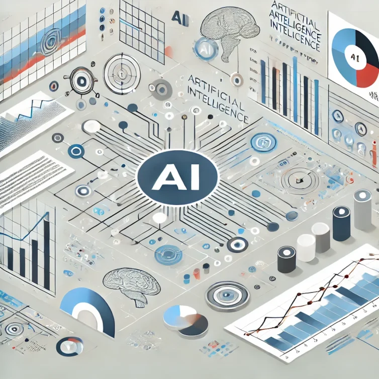 DALL·E 2024-10-18 14.58.21 - A minimalist, modern infographic-style illustration showing artificial intelligence analyzing large data sets in a business environment. The design in