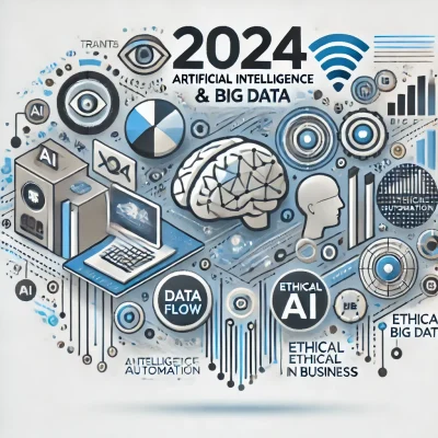 DALL·E 2024-10-18 14.58.38 - A modern infographic-style illustration representing 2024 trends in artificial intelligence and big data. The image features symbols of AI technology,